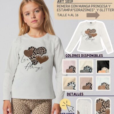 Remera manga princesa "Corazones y Glitter"